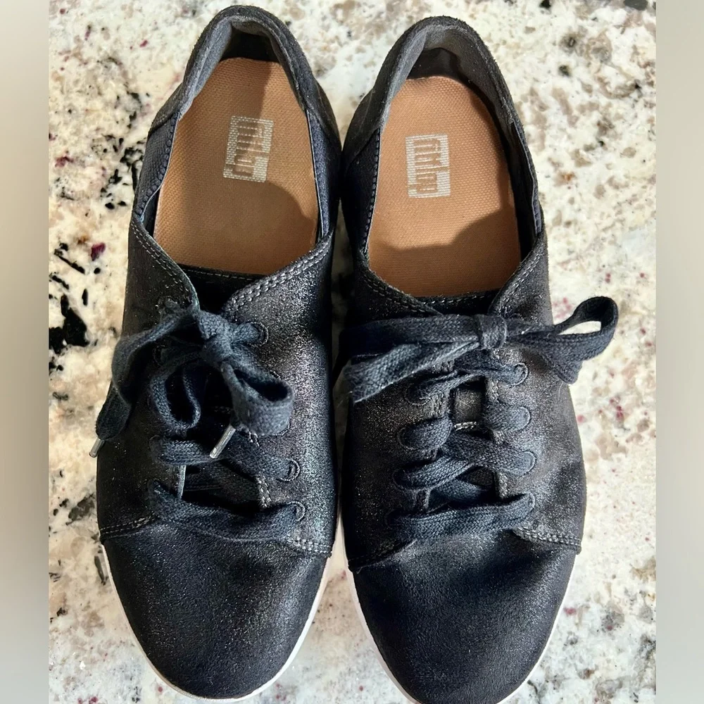 Womens Fitflop Sneakers Lace Up Valentia Metallic Black Shoes AB4-001 - Picture 4 of 13